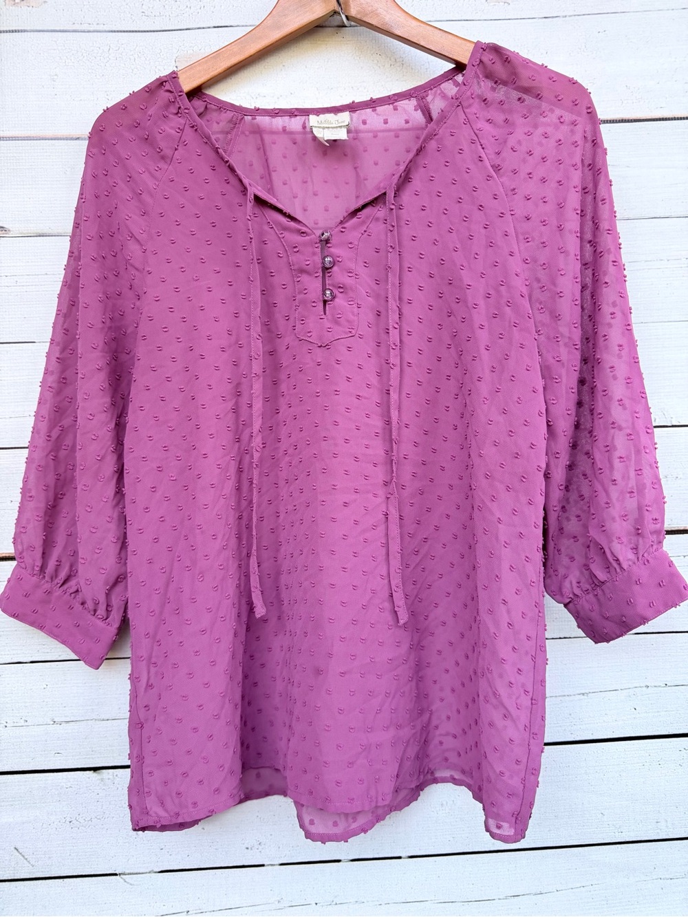 Matilda Jane Swiss Dot Split Tie Neck 3/4 Sleeve Blouse Top - Small